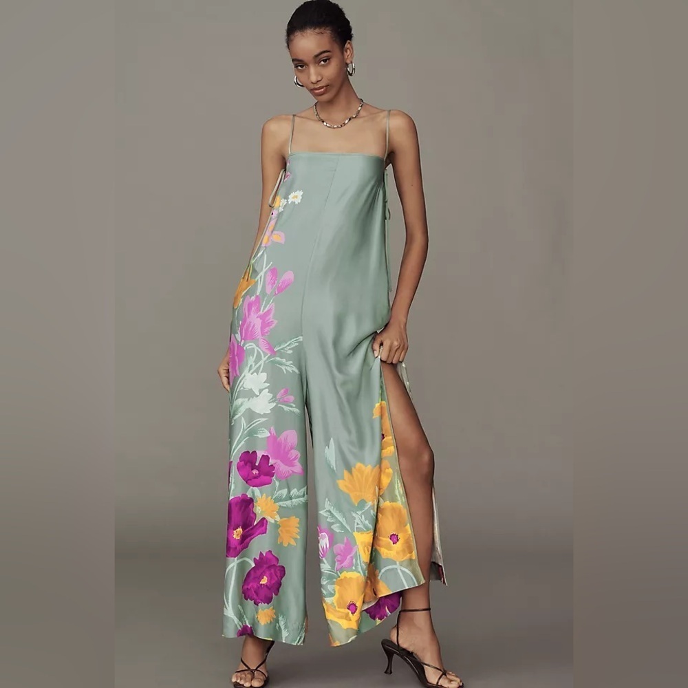 Anthropologie Sage Green Floral Wide-Leg Jumpsuit